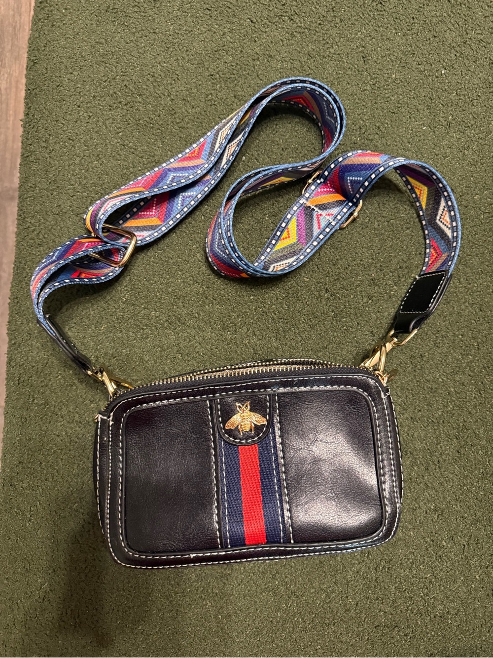 Leather Crossbody Bag with Bee Accent in Black and Red Stripe